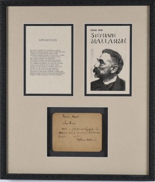 Signed Note Written by Stephane Mallarme framed together with his poem Apparition 
