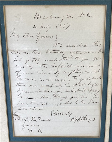 Two Fine Rutherford B. Hayes Autograph Letters Signed as President to The Governor Of Rhode Island Charles Collins Van Zandt.