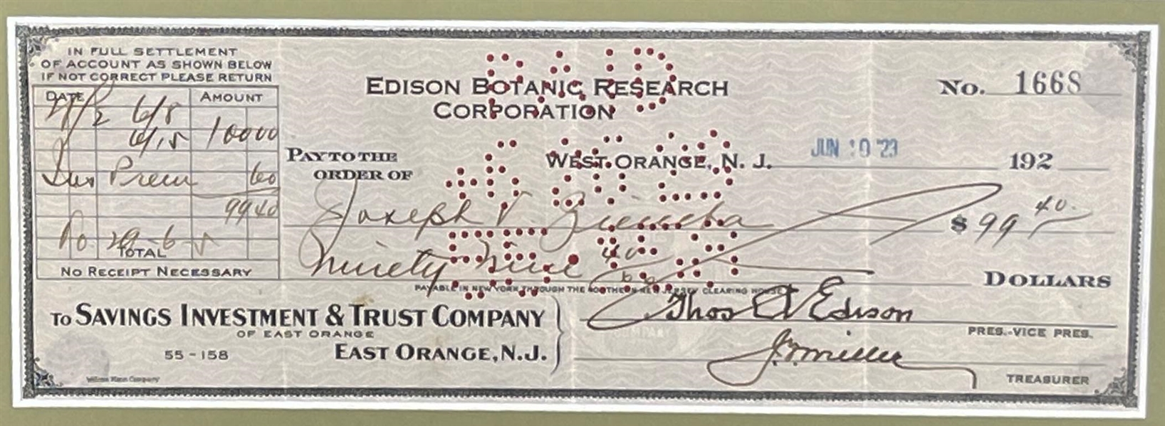 Thomas Edison Signed Edison Botanic Research Corporation Check
