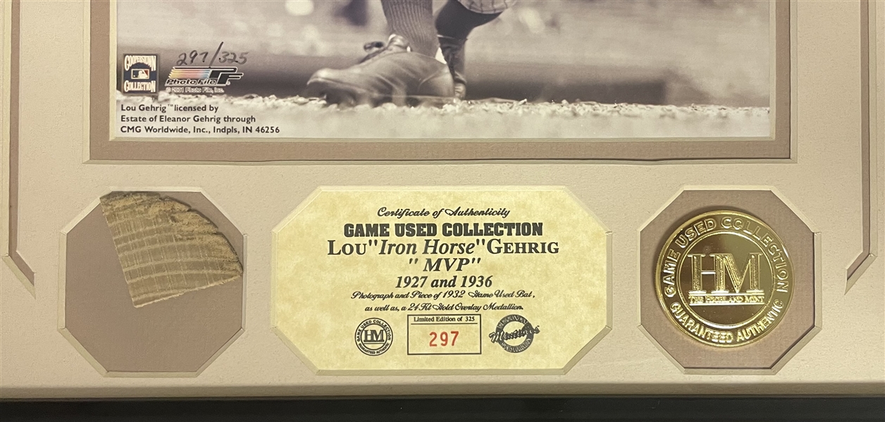 Lou Gehrig New York Yankees 13 x 16 Framed Display w/ Game Used Bat Piece (Highland Mint COA) 297/325