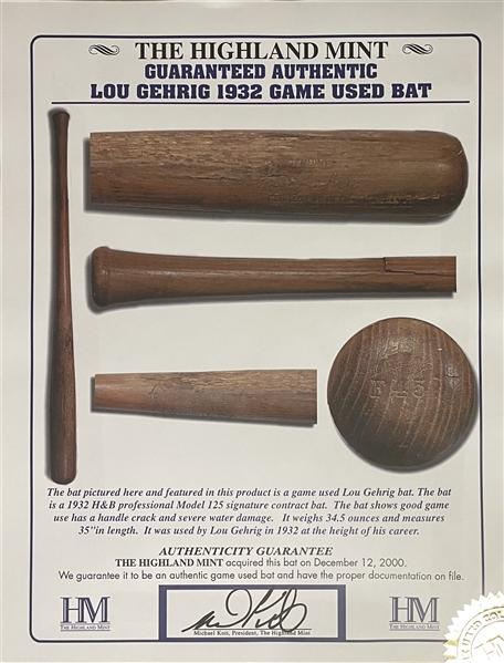 Lou Gehrig New York Yankees 13 x 16 Framed Display w/ Game Used Bat Piece (Highland Mint COA) 297/325