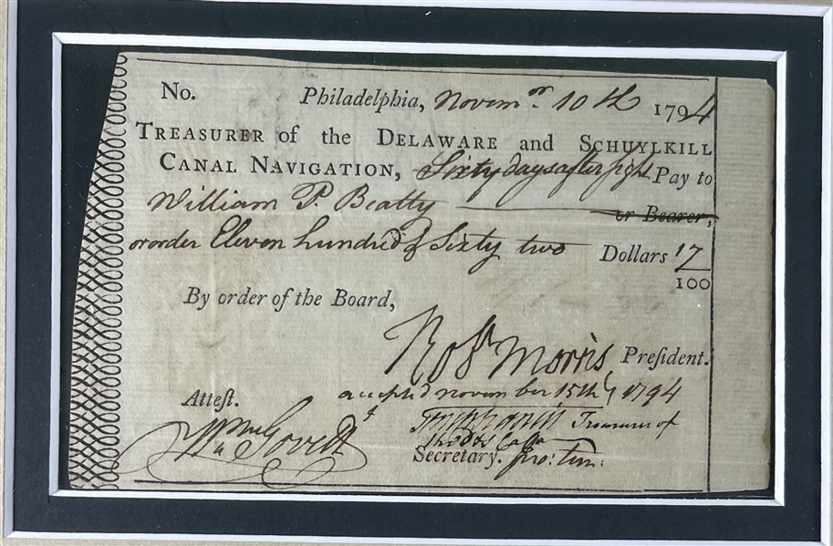Robert Morris as treasurer of Delaware and Schuylkill canal navigation