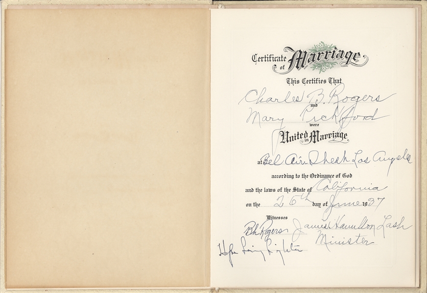 Mary Pickford & Charles Buddy Rogers Marriage Certificate
