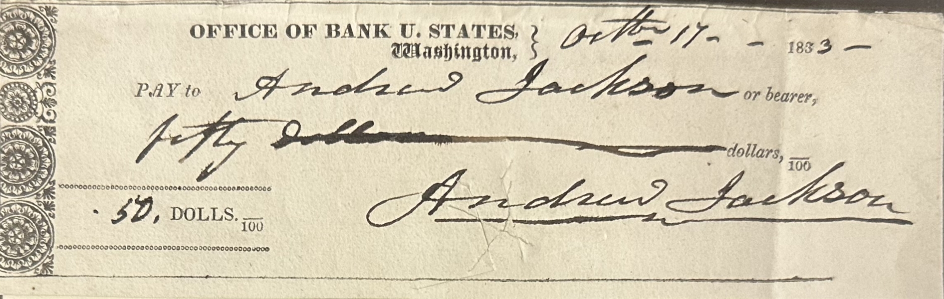 Andrew Jackson Check Signed Twice as President
