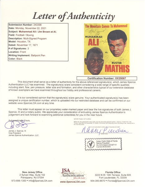 Muhammad Ali, Jim Brown, Buster Mathis Signed Program