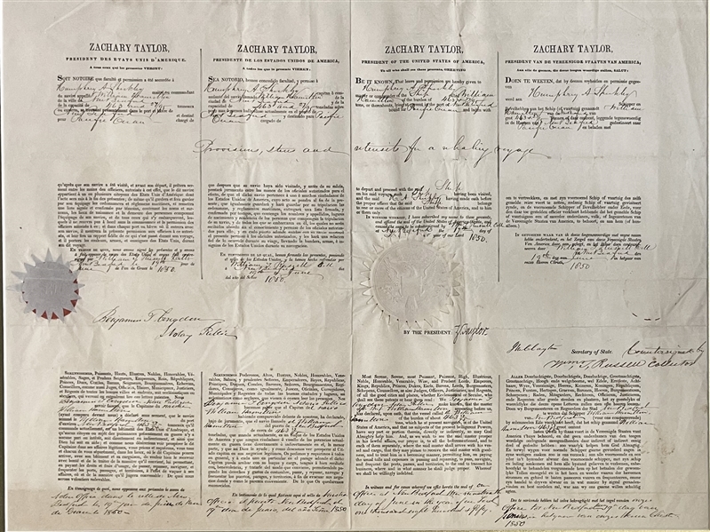 Rare Zachary Taylor 4 Language Ships papers for Whaling Voyage