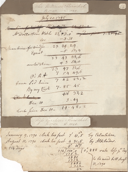 William Herschel ( Discovered The Planet Uranaus) & His Sister Caroline Herschel also a famous Astronomer- Autograph manuscript time observations