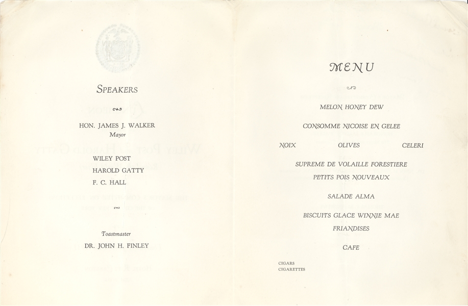 Harold Gatty, Post and Lindbergh Signed Menu hrs After their Famous Flight