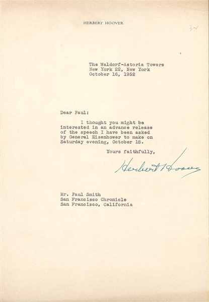 Herbert Hoover Letters About Eisenhower Speech
