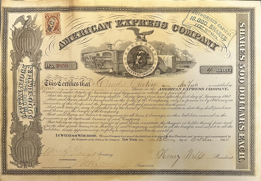 American Express Co. Stock Certificate, 1866 - Signed by Wells and Fargo