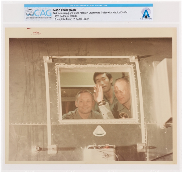 Apollo 11: Original NASA Red Number Neil Armstrong and Buzz Aldrin in the Quarantine Trailer With Medical Staffer Color Photo Directly From The Armstrong Family Collection™, CAG Certified.