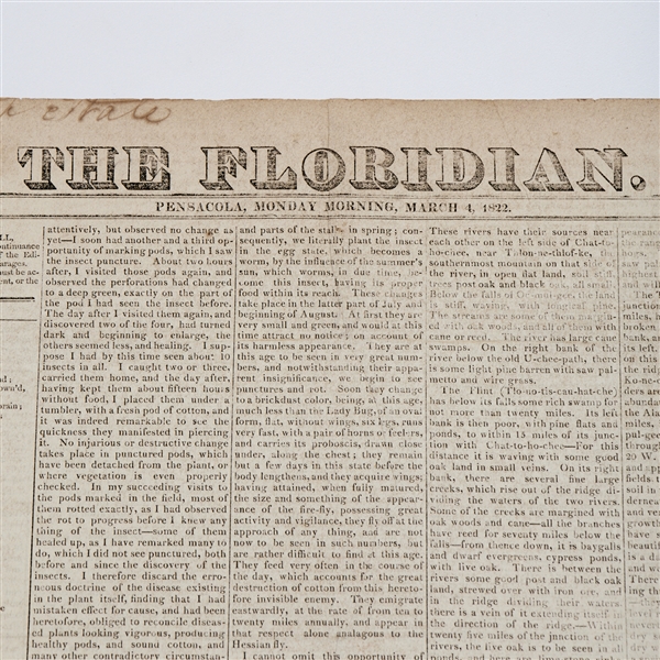 The Floridian. Pensacola, 4 March 1822. Jackson Possession of Florida- Only Known Issue From This Date