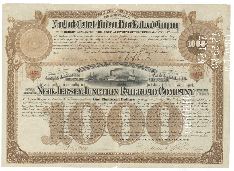 J.P. Morgan signed New Jersey Junction RR Co., 4% Coupon Bond 1886