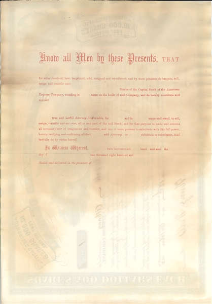 American Express Co. Stock Certificate, 1866 - Signed by Wells and Fargo 