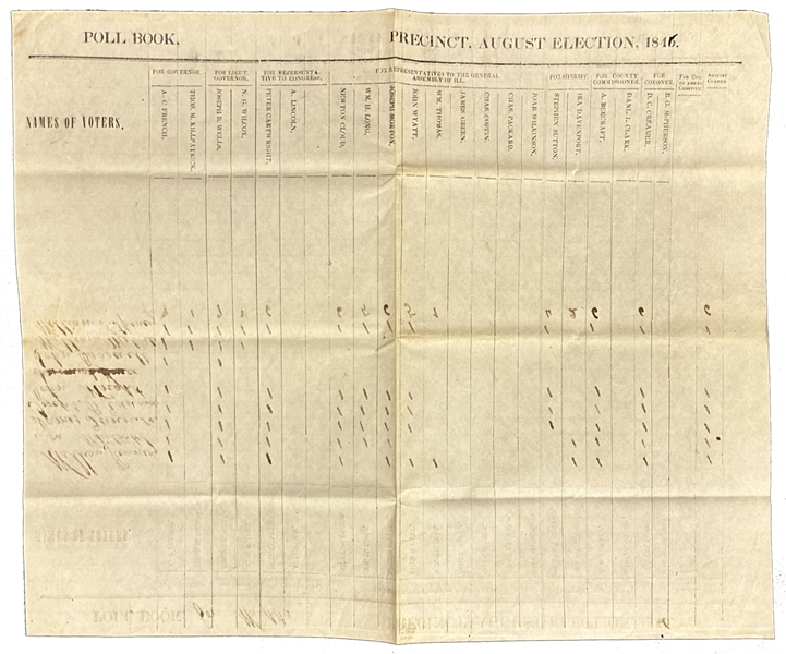 Abraham Lincoln: 1846 Poll Book Leaf ... Lincoln Loses Poll But Wins the Election