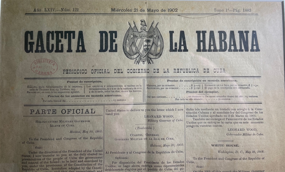 Very Rare Day OF Independence Cuban Newspaper La Gaceta de La Habana (May 20, 1902)