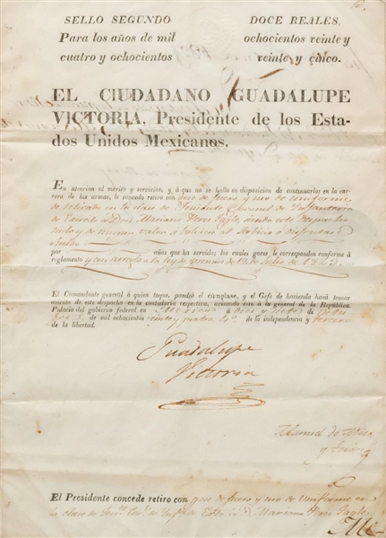 Guadalupe Victoria Signed Document, (1st President of Mexico)
