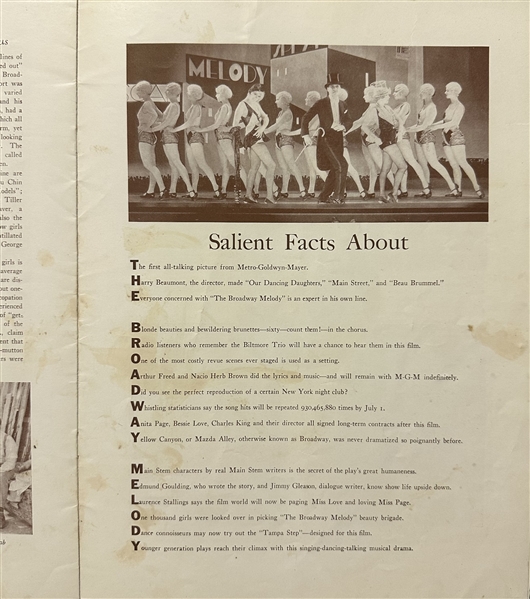 1929 Program The Broadway Melody - MGMs 1st All Sound Film & Bessie Love SP