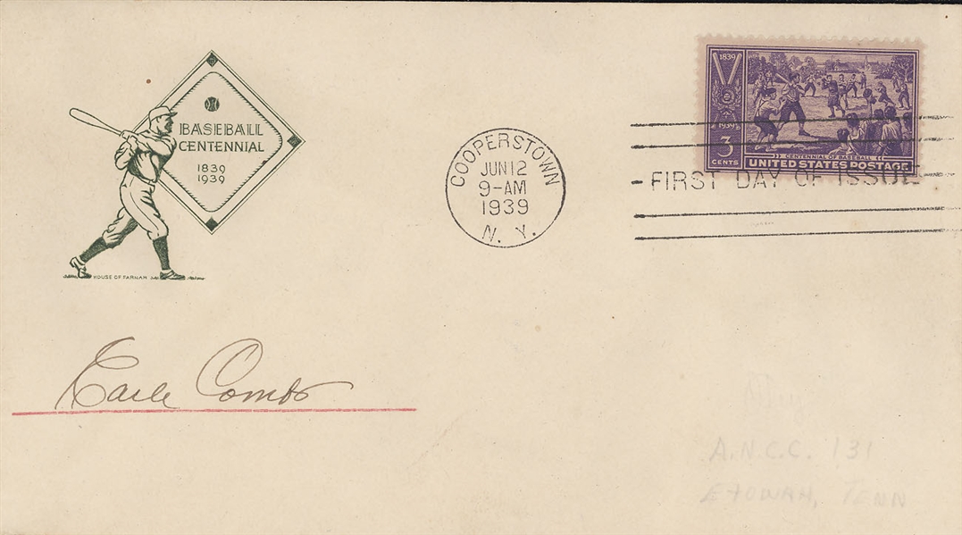 Earle Combs Signed First Day Cover - Cooperstown Grand Opening