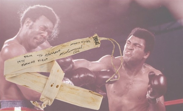 Muhammad Ali Worn & Signed Handwrap Attributed by him to 1974 Forman Fight with Signed Photograph