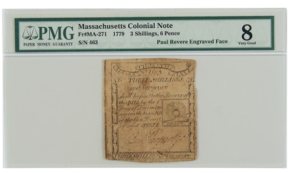 Paul Revere: Massachusetts Bay Currency (3 Shillings, 6 Pence, 1779)