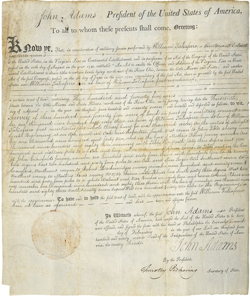 President John Adams issues a 375-acre land grant for a Lieutenant Colonel of the Revolution