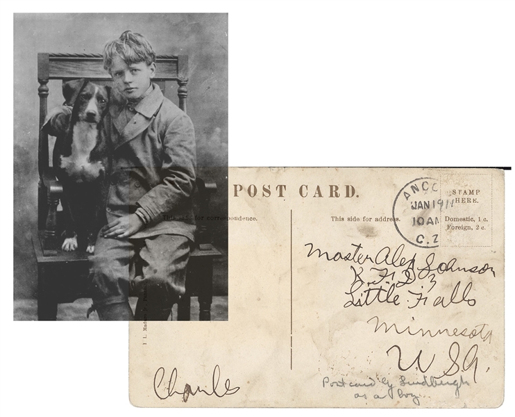 Charles Lindbergh Signed Postcard- The earlist autograph we have seen at just 9 years old!