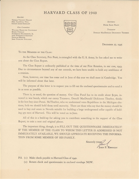 John F. Kennedy TLS to the Members of the Harvard Class of 1940