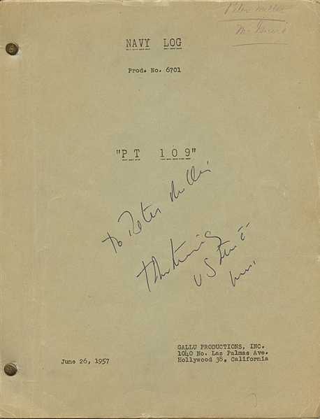 Kennedy Signed Pt 109 Navy Log Shooting Script inscribed by Kennedy to the radioman actor