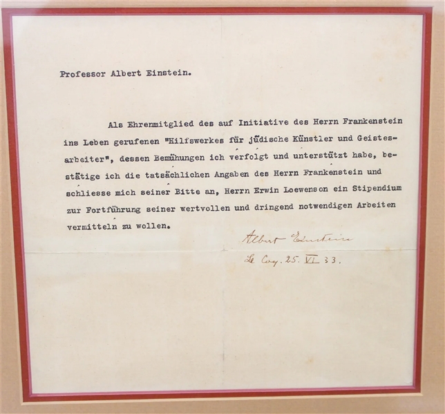 Albert Einstein Seeks to Continue Important Aid Being Provided to Jewish Settlers in Palestine with Rare Full Signature on TLS