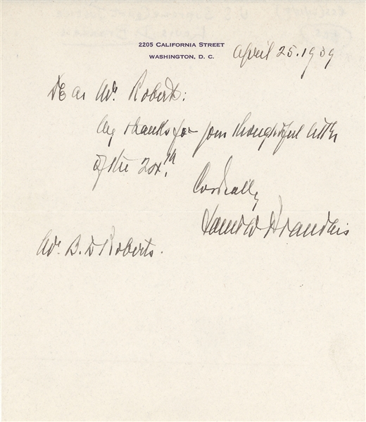 Louis Brandeis 1909 Signed Note