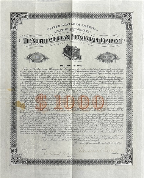 North American Phonograph Co. Bond signed by 'Samuel Insull'.