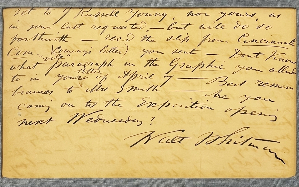 Walt Whitman Autograph Letter about Leaves Of Grass Sales and personal matters