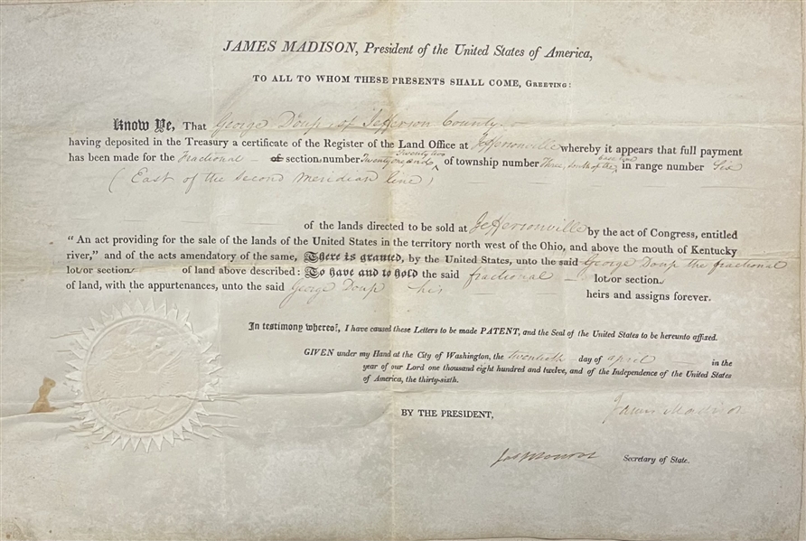 James Madison and Monroe Signed Land Grant