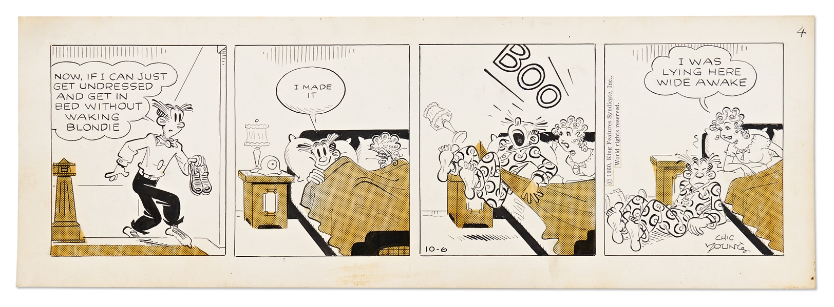 Chic Young Hand-Drawn ''Blondie'' Comic Strip From 1960 -- Blondie Scares Dagwood in a Pre-Halloween Strip