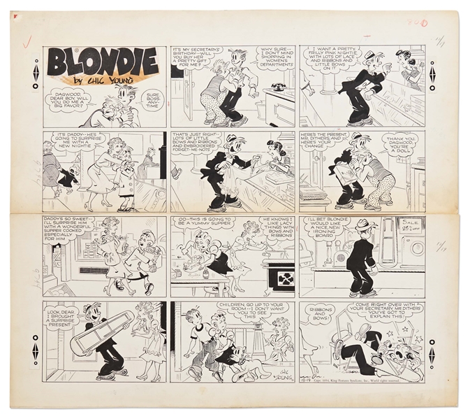 Chic Young Hand-Drawn ''Blondie'' Sunday Comic Strip From 1954 -- Thinking She's Getting a New Negligee, Blondie Instead Gets an Ironing Board for a Present, While Dagwood Gets Clobbered