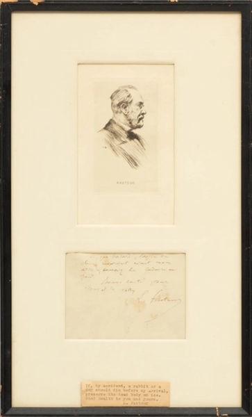 Louis Pasteur, Autographed Note related to his experiments on rabies, on rabbits and dogs!