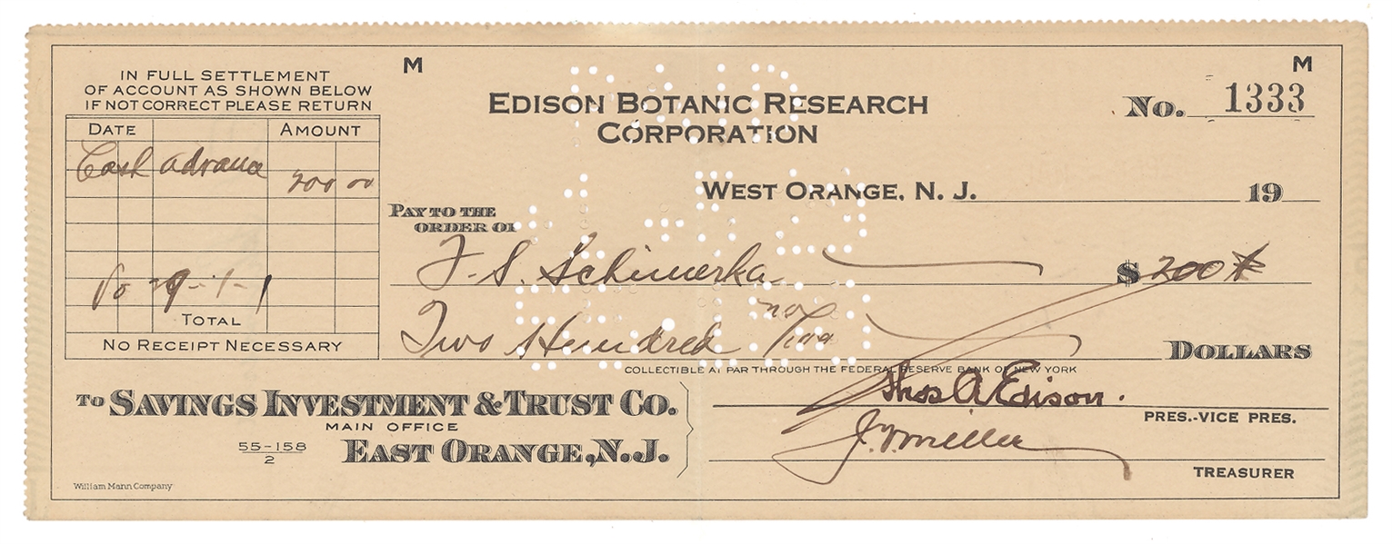 Thomas Edison Signed Check