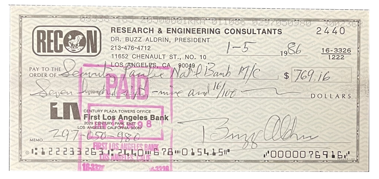 Buzz Aldrin Signed Check