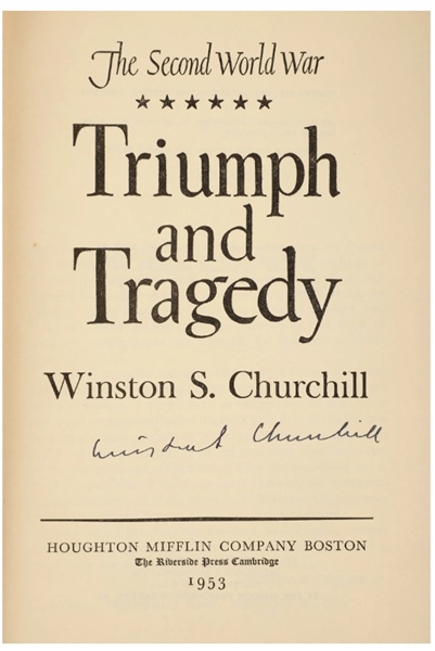 CHURCHILL'S BRILLIANT HISTORY OF THE SECOND WORLD WAR SIGNED BY HIM IN VOLUME VI. In Custom Clam Shelled Cases