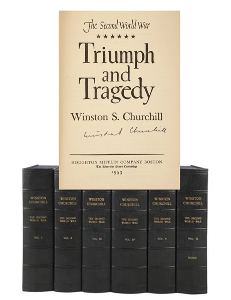 CHURCHILL'S BRILLIANT HISTORY OF THE SECOND WORLD WAR SIGNED BY HIM IN VOLUME VI. In Custom Clam Shelled Cases