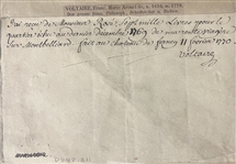 VOLTAIRE Signed Receipt about a partial payment of debt for the Duke of Wuerttemberg