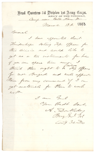 Abner Doubleday Rare War Date Letter just months before Gettysberg