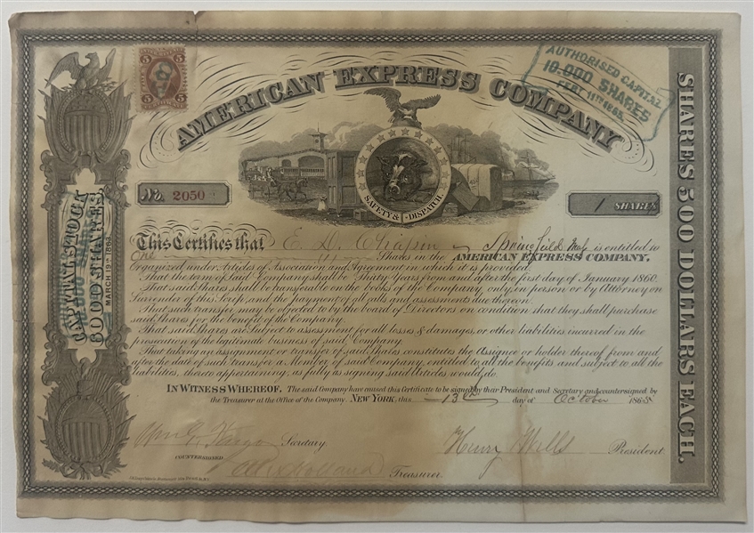Lot of 3 Stock! - 1863 American Express Stock Certificate Signed by Wells and Fargo --- 1869 American Merchants Union Express Company Stock --- 1867 Merchant Union Express Stock