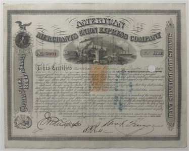 Lot of 3 Stock! - 1863 American Express Stock Certificate Signed by Wells and Fargo --- 1869 American Merchants Union Express Company Stock --- 1867 Merchant Union Express Stock