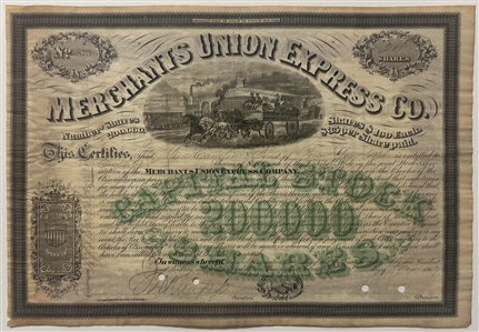 Lot of 3 Stock! - 1863 American Express Stock Certificate Signed by Wells and Fargo --- 1869 American Merchants Union Express Company Stock --- 1867 Merchant Union Express Stock