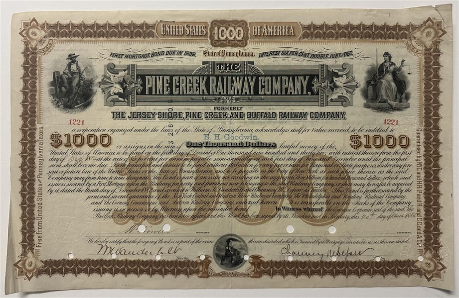 William K Vanderbilt, Chauncey Depew Signed Stock
