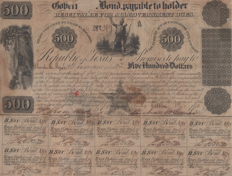 Mirabeau B. Lamar — Republic of Texas $500 Bond Signed as President