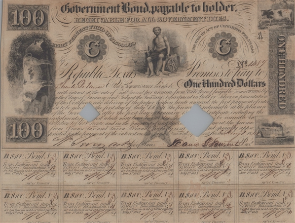 Republic of Texas $100 Government Bond David G. Burnet 
