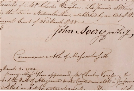 1789 SECY MASS COMMONWEALTH JOHN AVERY COPY OF BOSTON CITIZENS NATURALIZATION